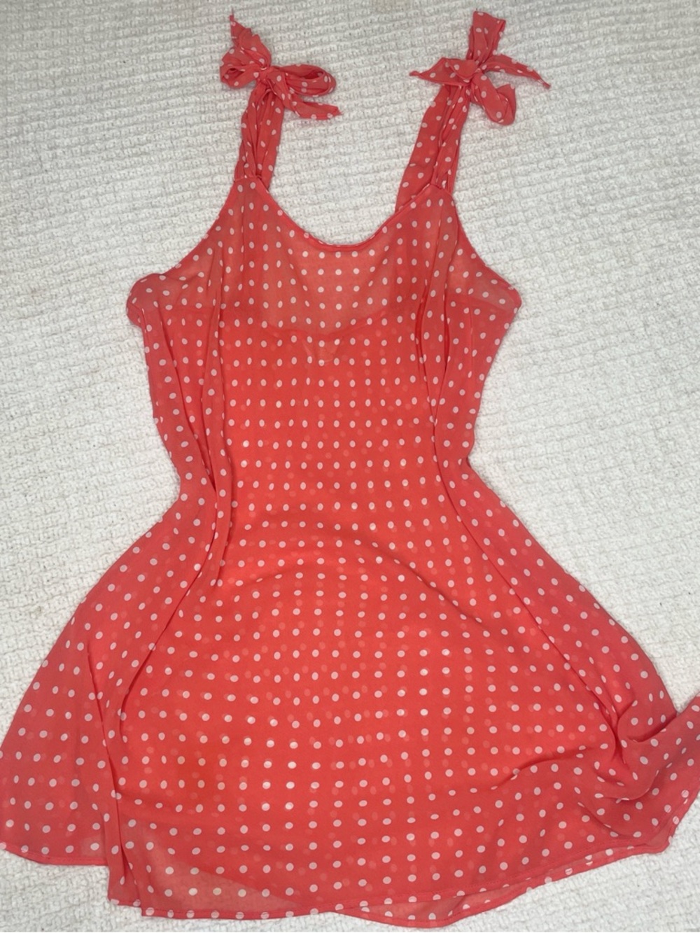 Vtg womens Coral Polka Dot bow Tie-Shoulder slip dress M